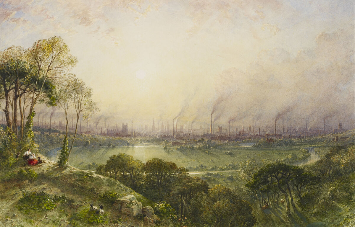 GFD 2/283: Rustikal-romantischer Blick auf die Industrielandschaft Manchesters (Gemälde von William Wyld, 1852)