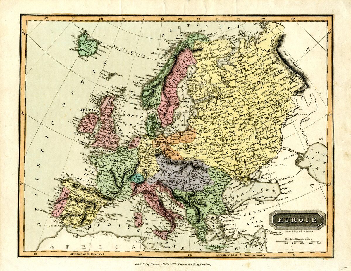 GFD 2/286: Karte von Europa (handkolorierter Kupferstich von John Wallis, um 1815–1830)