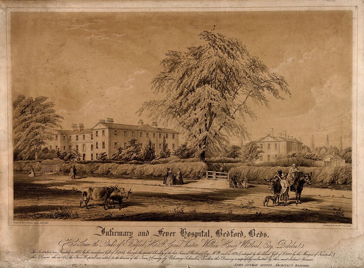GFD 2/291: Bedford mit Blick aufs Krankenhaus (Lithografie nach J. Sunman Austin, 1850)